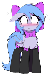 Size: 880x1280 | Tagged: safe, artist:thebatfang, oc, oc only, oc:lucky roll, bat pony, pony, alternate clothes, bat pony oc, bat wings, blushing, blushing profusely, bow, bowtie, clothes, female, floppy ears, frown, mare, simple background, socks, solo, stockings, sweat, sweatdrop, thigh highs, transparent background, wings