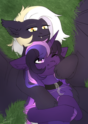 Size: 2480x3508 | Tagged: safe, artist:sinrinf, oc, bat pony, pegasus, pony, unicorn, commission, grass, grass field, high res, hug, jewelry, simple background, ych result