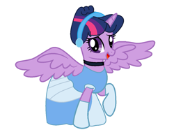 Size: 1165x915 | Tagged: safe, artist:brightstar40k, twilight sparkle, alicorn, pony, g4, alternate hairstyle, cinderella, clothes, dress, evening gloves, female, gloves, gown, long gloves, open mouth, open smile, raised hoof, simple background, smiling, solo, spread wings, twilight sparkle (alicorn), white background, wings