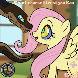 Size: 1080x1080 | Tagged: safe, artist:ordeperv, fluttershy, pegasus, pony, snake, g4, animated, fluttershy's cottage, gif, hypno eyes, hypnoshy, hypnosis, hypnotized, kaa, kaa eyes, looking at each other, looking at someone, open mouth, open smile, smiling, spread wings, wings