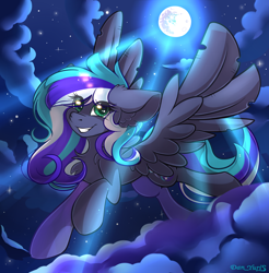 Size: 1864x1892 | Tagged: safe, artist:yuris, nightmare moon, oc, oc only, pegasus, pony, g4, art trade, chest fluff, ears back, eye clipping through hair, female, flying, full moon, looking at you, mare, moon, night, night sky, pegasus oc, signature, sky, smiling, smiling at you, solo, spread wings, stars, trade, wings