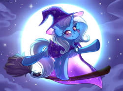 Size: 3500x2600 | Tagged: safe, artist:yuris, trixie, pony, unicorn, g4, blushing, broom, cape, clothes, cute, diatrixes, female, flying, flying broomstick, frog (hoof), halloween, hat, high res, holiday, looking at you, mare, moon, night, nightmare night, sky, smiling, solo, trixie's cape, trixie's hat, underhoof