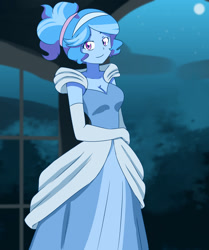 Size: 1280x1531 | Tagged: safe, artist:lirudraw, oc, oc only, oc:jemimasparkle, human, equestria girls, g4, breasts, cinderella, clothes, dress, evening gloves, female, gloves, gown, humanized, long gloves, moon, night, poofy shoulders, smiling, solo