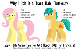 Size: 2788x1750 | Tagged: safe, artist:epsipeppower, derpibooru exclusive, fluttershy, hitch trailblazer, earth pony, pegasus, pony, mlp fim's thirteenth anniversary, g4, g5, headcanon, hitch and his 2nd heroine, lgbt headcanon, simple background, transgender, white background