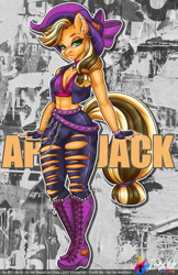 Size: 792x1224 | Tagged: safe, artist:inkkeystudios, gameloft, applejack, earth pony, pony, anthro, g4, my little pony: magic princess, clothes, ear piercing, edgy applejack, female, fingerless gloves, gloves, jeans, pants, piercing, punk, ripped jeans, ripped pants, short shirt, solo, torn clothes