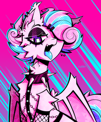 Size: 2000x2410 | Tagged: safe, artist:snezka_049, oc, oc only, oc:sweetie swirl, bat pony, pony, blue tongue, chains, collar, colored tongue, ear piercing, earring, eyelashes, eyeliner, femboy, goth, high res, jewelry, makeup, male, multicolored hair, piercing, signature, solo, spiked collar