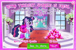 Size: 1958x1302 | Tagged: safe, gameloft, twilight sparkle, pony, unicorn, g4, my little pony: magic princess, official, advertisement, bow, bracelet, clothes, costs real money, dress, english, female, gem, horn, introduction card, jewelry, mare, mobile game, necklace, numbers, pop princess twilight, retro twilight sparkle, sale, solo, text, unicorn twilight