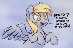 Size: 2204x1442 | Tagged: safe, artist:higglytownhero, color edit, edit, editor:gameplayart, derpy hooves, pegasus, pony, g4, colored, colored pupils, cute, derpabetes, dialogue, eye clipping through hair, eyebrows, eyebrows visible through hair, female, mare, open mouth, open smile, smiling, solo, spread wings, wings