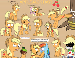 Size: 6500x5000 | Tagged: source needed, safe, artist:sketchyboi25, applejack, fluttershy, rainbow dash, earth pony, pegasus, pony, robot, g4, apple, applebot, applebucking, applejack's hat, barrel, clothes, coconapple, confused, cowboy hat, drone, equestria girls outfit, female, food, hat, lego, lesbian, mixels, murder drones, nose to nose, roboticization, ship:appledash, shipping, sitting, speech bubble, tree, worker drone