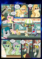 Size: 3259x4607 | Tagged: safe, artist:estories, derpy hooves, discord, fluttershy, oc, oc:alice goldenfeather, draconequus, pegasus, pony, comic:nevermore, g4, blushing, clothes, comic, dress, flower, flying, high res, mannequin, rose, speech bubble