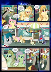 Size: 3259x4607 | Tagged: safe, artist:estories, derpy hooves, discord, fluttershy, pegasus olsen, peggy holstein, upper east side, oc, oc:alice goldenfeather, draconequus, pegasus, pony, comic:nevermore, g4, blushing, clothes, comic, dress, flower, flying, high res, mannequin, rose, speech bubble