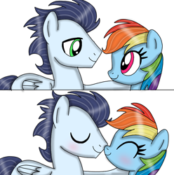 Size: 720x725 | Tagged: safe, artist:dasher666, rainbow dash, soarin', pegasus, pony, g4, blushing, comic, female, male, mare, nuzzling, ship:soarindash, shipping, simple background, stallion, straight, white background