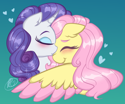 Size: 1212x1010 | Tagged: safe, artist:purfectprincessgirl, fluttershy, rarity, pegasus, pony, unicorn, g4, blushing, bust, colored wings, colored wingtips, cute, duo, eyes closed, female, forehead kiss, gradient background, heart, kissing, lesbian, mare, raribetes, ship:flarity, shipping, shyabetes, wings