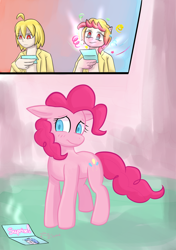 Size: 1260x1785 | Tagged: safe, artist:jack-pilcrow, pinkie pie, oc, earth pony, human, pony, g4, blush lines, blushing, card, comic, female, human to pony, mare, octransfur, transformation