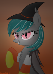 Size: 2812x3960 | Tagged: safe, artist:rainbowšpekgs, oc, oc only, oc:malachite cluster, bat pony, pony, bat pony oc, bat wings, chest fluff, clothes, costume, halloween, halloween costume, hat, high res, holiday, male, smiling, socks, trap, wings, witch, witch costume, witch hat