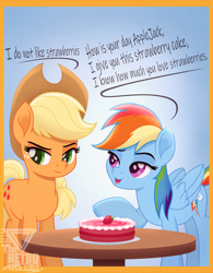 Size: 1900x2435 | Tagged: safe, artist:theretroart88, applejack, rainbow dash, earth pony, pegasus, pony, g4, applejack day, applejack is not amused, cake, duo, female, food, mare, movie accurate, strawberry, strawberry cake, table, that pony sure does hate strawberries, unamused