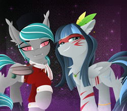 Size: 2298x2000 | Tagged: safe, artist:andaluce, oc, oc only, oc:haze northfleet, oc:malachite cluster, bat pony, pegasus, pony, bodypaint, brazil, chest fluff, clothes, costume, duo, ear fluff, halloween, high res, hock fluff, holiday, jewelry, lineless, looking at you, pendant, scarf, smiling, smirk