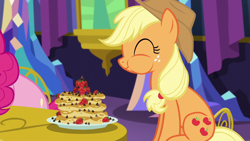 Size: 1280x720 | Tagged: safe, screencap, applejack, pinkie pie, earth pony, pony, castle sweet castle, g4, blueberry, cute, eyes closed, food, herbivore, jackabetes, pancakes, plate, sitting, smiling, strawberry, twilight's castle