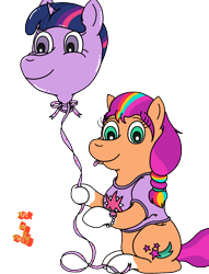 Size: 1980x2595 | Tagged: safe, artist:puffydearlysmith, sunny starscout, twilight sparkle, earth pony, pony, g4, g5, balloon, bracelet, braid, braided ponytail, clothes, female, jewelry, looking at you, mane stripe sunny, mare, ponytail, shirt, simple background, smiling, sunny and her heroine, tongue out, transparent background