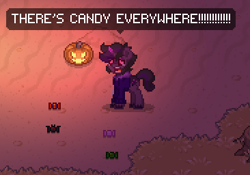 Size: 366x256 | Tagged: safe, oc, oc:dusk thorns, pony, unicorn, pony town, candy, clothes, crying, food, halloween, holiday, hoodie, pixel art, screaming