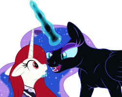 Size: 2551x2030 | Tagged: safe, artist:grypher, nightmare moon, oc, oc:radiant star, g4, canon x oc, fangs, high res, implied lesbian, looking at each other, looking at someone, missing accessory, shipping, simple background, transparent background