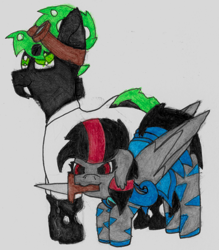 Size: 5616x6416 | Tagged: safe, artist:acid flask, derpibooru exclusive, oc, oc only, oc:changeling dox, oc:midnight flask, bat pony, changeling, dragonling, original species, absurd resolution, bat pony oc, bent over, brother, brother and sister, clothes, colt, costume, dragon changeling, duo, eyeroll, fangs, female, filly, foal, goggles, green changeling, lab coat, large wings, looking at you, male, nightmare night, nightmare night costume, painting, siblings, sister, smiling, smiling at you, sword, tail, traditional art, unamused, watercolor painting, weapon, wings, zebra stripes