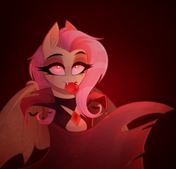 Size: 1040x1000 | Tagged: safe, artist:thewandie, fluttershy, bat, bat pony, butterfly, pony, spider, undead, vampire, vampony, g4, apple, bat ponified, blood, cape, choker, clothes, commission, cute, cute little fangs, eyeshadow, fangs, female, flutterbat, food, gradient background, halloween, holiday, lidded eyes, makeup, mare, race swap, red background, red eyes, solo, spread wings, thick eyelashes, wings, ych result