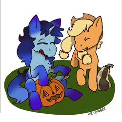 Size: 2000x2000 | Tagged: source needed, safe, artist:box, applejack, oc, oc:blue thunder, alicorn, pony, g4, alicorn oc, carving, duo, eyes closed, halloween, high res, holiday, horn, jack-o-lantern, nightmare night, pumpkin, simple background, squash, white background, wings