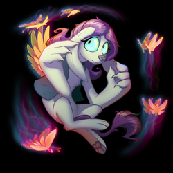 Size: 3000x3000 | Tagged: safe, artist:jehr, fluttershy, butterfly, diamond dog, collaboration:bestiary of fluttershy, g4, black background, blue eyes, collaboration, cowering, diamond dogified, female, flutterdog, glowing, hand, high res, lineart, long ears, long tail, magic, paw pads, paws, scared, shy, simple background, soaring, solo, species swap, tail, waistcoat, wings