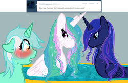 Size: 1080x700 | Tagged: safe, artist:azure-doodle, lyra heartstrings, princess celestia, princess luna, alicorn, pony, unicorn, g4, bathtub, blushing, sexually confused lyra, wet, wet mane