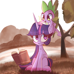 Size: 3000x3000 | Tagged: safe, artist:thebigstuff89, spike, twilight sparkle, alicorn, dragon, pony, g4, :3, book, duo, duo male and female, female, folded wings, grass, high res, horn, male, mare, open mouth, open smile, outdoors, sitting, smiling, tree, twilight sparkle (alicorn), wings