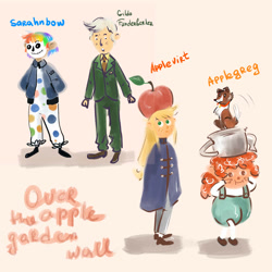 Size: 1417x1417 | Tagged: safe, artist:ponieswerehere, apple bloom, applejack, gilda, rainbow dash, winona, dog, human, g4, apple hat, female, halloween, hat, holiday, humanized, over the garden wall