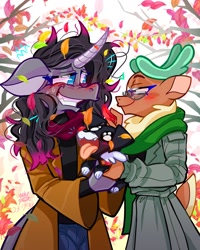 Size: 1080x1350 | Tagged: safe, artist:jully-park, cashmere (tfh), oleander (tfh), classical unicorn, deer, dog, reindeer, unicorn, anthro, them's fightin' herds, autumn, blushing, cashleander, clothes, community related, female, glasses, horn, leonine tail, lesbian, looking at each other, looking at someone, scarf, shipping