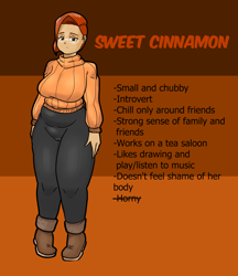 Size: 2150x2492 | Tagged: safe, artist:jackudoggy, oc, oc only, oc:sweet cinnamon, human, g5, big breasts, boots, breasts, cameltoe, chubby, clothes, fat, female, glasses, headcanon, headcanon in the description, high res, humanized, humanized oc, leggings, shoes, solo, sweater, turtleneck