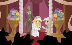 Size: 2000x1250 | Tagged: safe, artist:sufficient, applejack, mayor mare, oc, oc:anon, human, pony, g4, blushing, clothes, dress, flower, glasses, marriage, socks, tuxedo, veil, wedding, wedding dress, wedding veil
