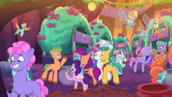 Size: 1920x1080 | Tagged: safe, screencap, alphabittle blossomforth, cherry prancer, grassy hills, hitch trailblazer, izzy moonbow, jazz hooves, misty brightdawn, nightracer, ollie north, pipp petals, shiny sparks, sparky sparkeroni, sugarpuff lilac, sunny starscout, zipp storm, breezie, dragon, earth pony, pegasus, pony, raccoon, raccoonicorn, unicorn, g5, my little pony: tell your tale, nightmare nightmarket, spoiler:g5, spoiler:my little pony: tell your tale, spoiler:tyts01e63, animated, baby, baby dragon, cellphone, female, gif, grin, male, mane five, mane six (g5), mare, open mouth, open smile, papa hitch, phone, rebirth misty, royal sisters (g5), siblings, sisters, smartphone, smiling, spread wings, stallion, wings