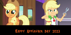 Size: 2000x1000 | Tagged: safe, artist:mlpfan3991, applejack, earth pony, human, pony, diy with applejack, equestria girls, g4, my little pony equestria girls: better together, 2023, applejack day, applejack's hat, cowboy hat, cute, duality, female, geode of super strength, hat, jackabetes, magical geodes, scissors, smiling, solo