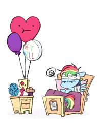 Size: 853x1125 | Tagged: safe, artist:emptygoldstudio, rainbow dash, pegasus, pony, g4, :t, balloon, bandage, bandaged wing, bed, chibi, female, food, heart, heart balloon, hospital bed, implied stupid, lying down, mare, muffin, on back, simple background, solo, white background, wings