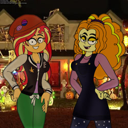 Size: 2320x2324 | Tagged: safe, artist:rdj1995, adagio dazzle, sunset shimmer, equestria girls, g4, spoiler:the owl house, amity blight, beanie hat, bisexual female, bisexual pride flag, duo, duo female, female, halloween, high res, holiday, lesbian, lumity, luz noceda (the owl house), pride, pride flag, ship:sunsagio, shipping, spoilers for another series, the owl house