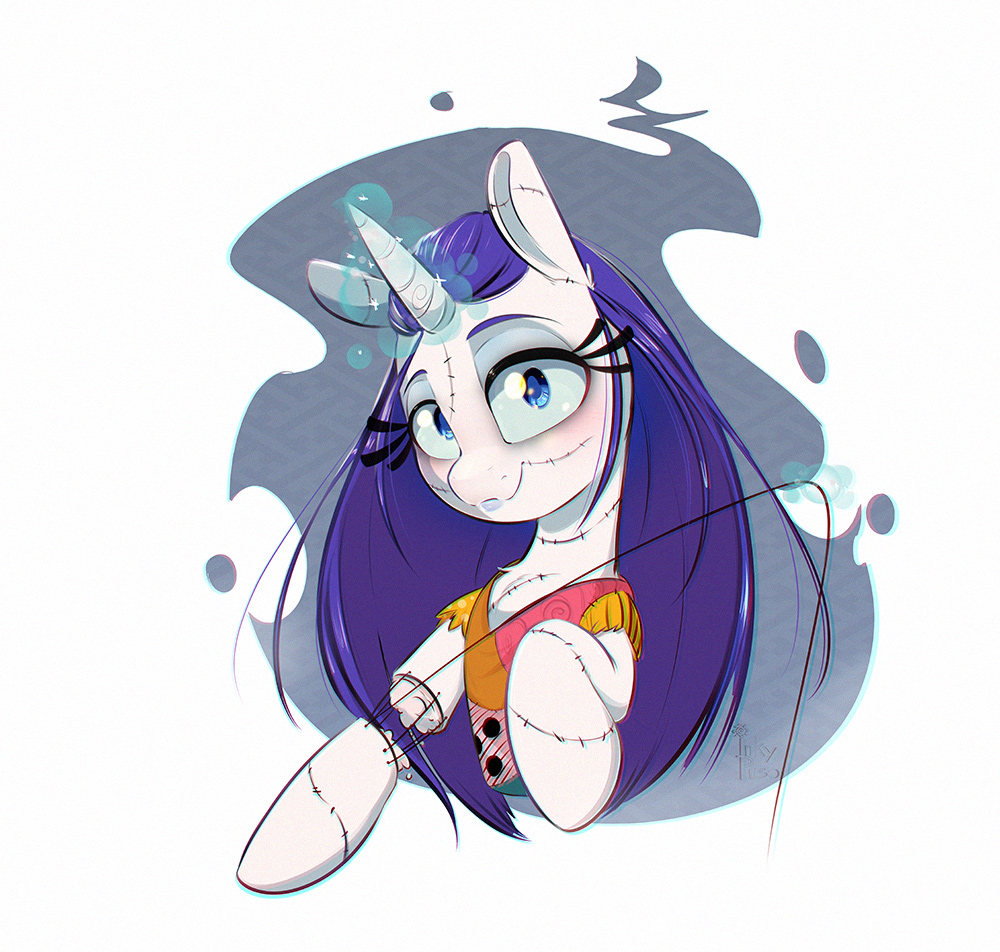 [blushing,bust,clothes,cosplay,costume,female,glowing,glowing horn,halloween,holiday,horn,looking at you,magic,mare,pony,ragdoll,rarity,safe,sewing,simple background,solo,telekinesis,the nightmare before christmas,unicorn,white background,sally skellington,sewing needle,artist:inkypuso]