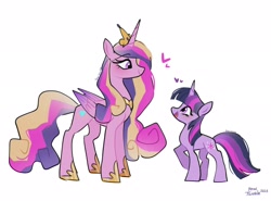 Size: 2048x1516 | Tagged: safe, artist:petaltwinkle, princess cadance, twilight sparkle, alicorn, pony, unicorn, g4, colored wings, concave belly, crown, duo, female, floating heart, folded wings, gradient wings, heart, heart eyes, height difference, hoof shoes, jewelry, looking at each other, looking at someone, mare, open mouth, open smile, peytral, princess shoes, raised hoof, regalia, signature, simple background, smiling, smiling at each other, tall, unicorn twilight, white background, wingding eyes, wings