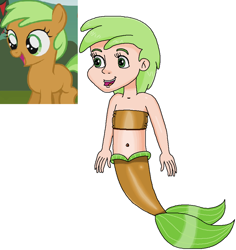 Size: 874x925 | Tagged: safe, artist:ocean lover, apple crumble, earth pony, human, mermaid, pony, apple family reunion, g4, season 3, apple family member, bandeau, bare shoulders, belly, belly button, brown tail, cheerful, child, cute, excited, fins, fish tail, green eyes, green hair, happy, human coloration, humanized, innocent, light skin, looking at someone, mermaid tail, mermaidized, midriff, ms paint, open mouth, open smile, reference, short hair, simple background, sleeveless, smiling, species swap, tail, tail fin, white background