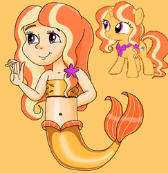 Size: 780x802 | Tagged: safe, artist:ocean lover, gilded lily, human, mermaid, pony, unicorn, g4, bandeau, bare shoulders, bashful, belly, belly button, child, cute, fins, fish tail, hair ribbon, hand behind back, happy, human coloration, humanized, light skin, long hair, mermaid tail, mermaidized, midriff, ms paint, orange hair, pink eyes, reference, ribbon, shy, simple background, sleeveless, smiling, species swap, tail, tail fin, two toned hair, vector, waving, yellow background
