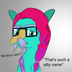 Size: 1972x1972 | Tagged: safe, anonymous artist, derpibooru exclusive, jazz hooves, earth pony, pony, g5, colored sketch, disguise, facial hair, fake ears, female, glasses, gradient background, gray background, jazz has no ears, looking at you, mare, moustache, no ears, open mouth, paper-thin disguise, sash, sketch, solo, text
