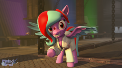 Size: 3840x2160 | Tagged: safe, artist:melodismol, oc, oc:star beats, pegasus, pony, fanfic:rainbow factory, 3d, blood, blood stains, clothes, fanfic art, high res, lab coat, looking at you, raised hoof, smiling, solo, source filmmaker, spread wings, wings