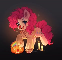 Size: 2048x1972 | Tagged: safe, artist:tyutya, pinkie pie, earth pony, pony, g4, candle, clothes, clown, clown makeup, clown nose, costume, eyebrows, fangs, female, halloween, halloween costume, high res, holiday, it, jack-o-lantern, looking at you, mare, open mouth, pennywise, pumpkin, red nose, signature, solo, sparkles