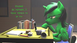 Size: 1920x1080 | Tagged: safe, artist:fernando-fontes-64, oc, oc:fernando jesús, alicorn, pony, 3d, announcement, book, chair, coffee, coffee cup, computer, cup, description, glasses, jpg, laptop computer, pencil, sitting, solo, source filmmaker, table, teacup, tired, tired eyes
