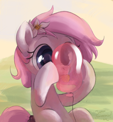 Size: 2732x2964 | Tagged: safe, artist:dotkwa, oc, oc only, oc:kayla, earth pony, pony, balloon, female, filly, flower, flower in hair, foal, high res, hoof hold, licking, sitting, solo, tongue out