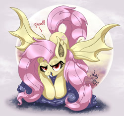 Size: 1986x1855 | Tagged: safe, artist:joakaha, fluttershy, bat pony, pony, g4, bat ponified, bat wings, fangs, female, flutterbat, lidded eyes, looking at you, mare, race swap, rock, solo, spread wings, wings