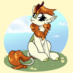 Size: 2000x2000 | Tagged: safe, artist:jubyskylines, autumn blaze, kirin, g4, :p, cloven hooves, ear fluff, female, grass, high res, horn, looking at you, sitting, smiling, smiling at you, solo, tongue out, unshorn fetlocks